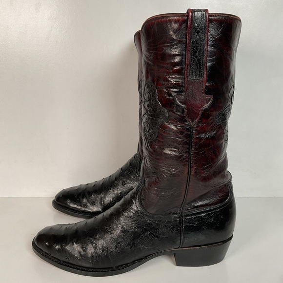 Vintage Lucchese Black Cherry Ostrich Quill Cowboy Boots 10 B Inlay New Soles - Picture 14 of 16